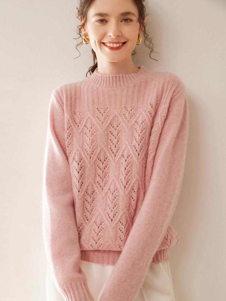 Women's 2025 Autumn/Winter Cashmere Sweater: Half-High Collar, Thick Knitwear, Hollow-Out Design