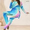 Women Plus Size Two Piece Pants Set Round Neck Long Sleeve Colorful Swirl Printed Longline Top Fitted Pants