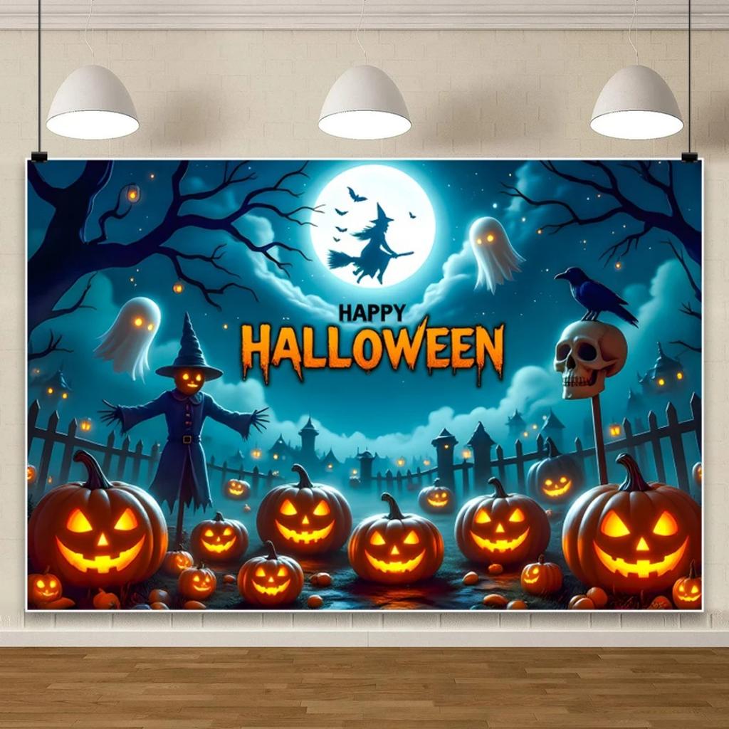 1pc Daek Blue Halloween Party Backdrop Night Moon Witch Pumpkin Dustproof Banner for Halloween Theme Party Background Decoration