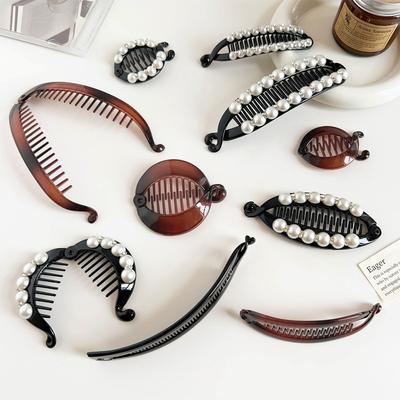 Agrafă de păr cu perle de vânt și diamante, neagră, pentru coadă de cal, agrafă tip banană, pieptene de păr, accesoriu de păr pentru femei
