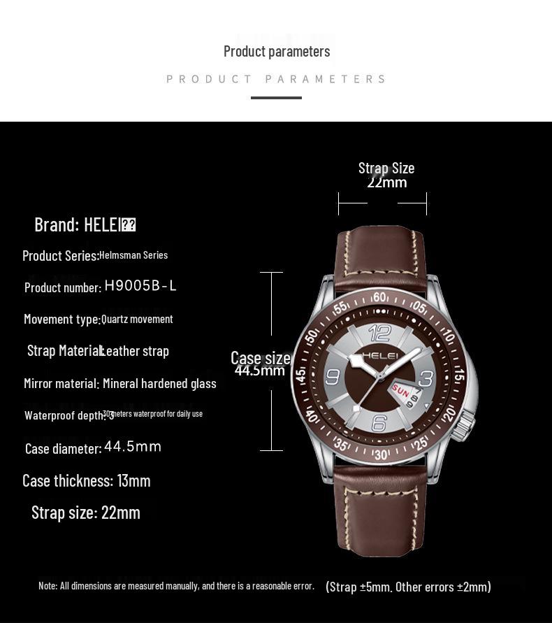 HELEI Men's Luminous Quartz Watch: Waterproof with Genuine Leather Band.
