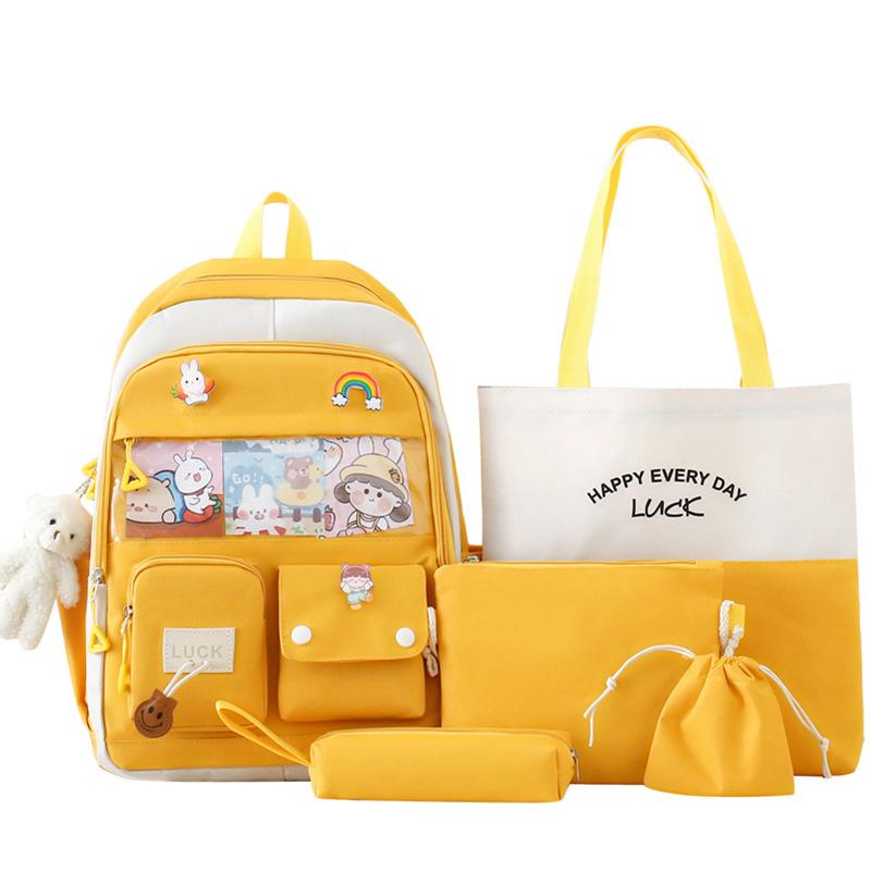 Five-Piece Backpack Set Women's Color Block Backpack Student Schoolbag Large Capacity Backpack