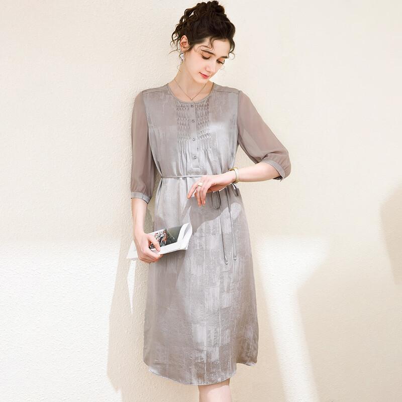 TUHUANG 100% Mulberry Silk Seven-Sleeve A-Line Dress