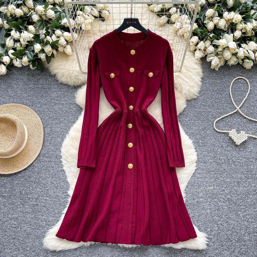 Autumn Winter High Waist Knitted Umbrella A-line Dresses 2025 New Buttons O-neck Long Sleeve Loose Sweater Dress Female