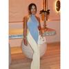 European and American style summer new women's clothing temperament sexy neck backless pleated contrasting color slim hip dress