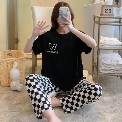 Conjunto de pijama para mujer, de manga corta, pantalones largos, ropa de dormir para estudiantes, pantalones a cuadros de talla grande con dibujos animados, conjunto de dos piezas para niña