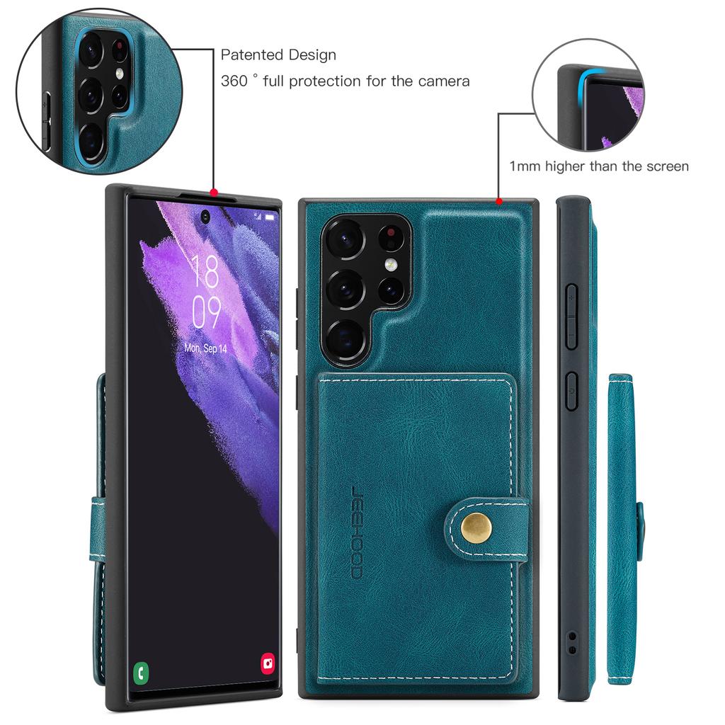 For Samsung Galaxy S22 Ultra 5G Case JEEHOOD J01 Retro Leather Phone Back Cover with Detachable Magnetic Card Holder