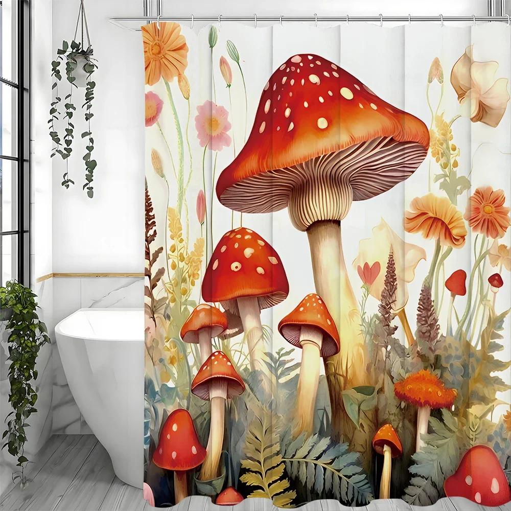 

Red Mushroom Shower Curtain, Red Mushroom, Spring, Watercolor Art Painting Bathroom Decorative Shower Curtain, Waterproof Sho W60H190(CM)-1 Pcs