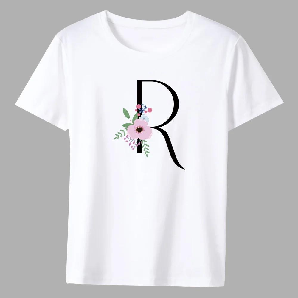 Men's Classic T-shirt Casual O-neck Flower and Black Lettern Printing Pattern Series Commuter All-match Breathable White Shirt