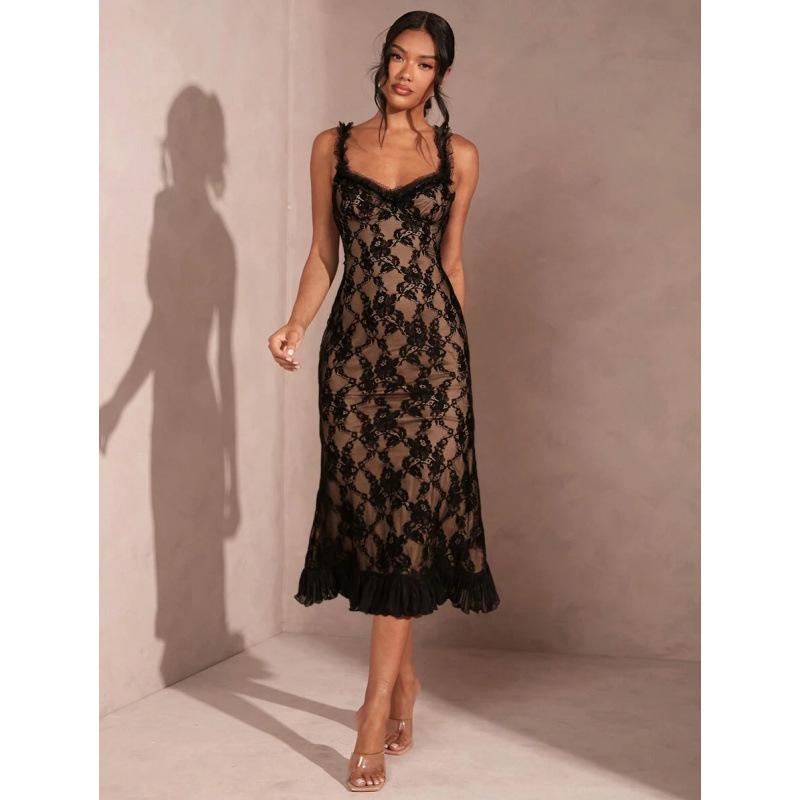 European summer new sexy elegant tight black perspective lace square neck sleeveless dress XS