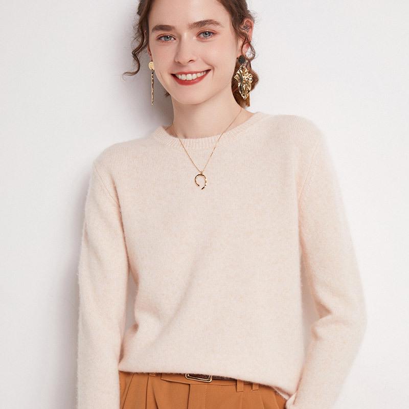 Women's Plus Size 100% Wool Thickened Round Neck Sweater - Winter Solid Color Pullover