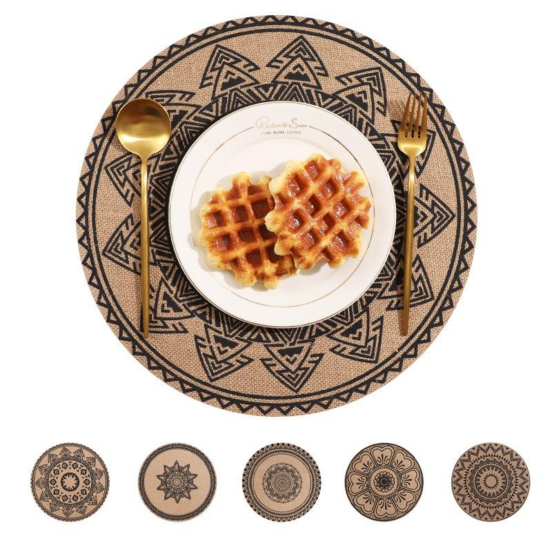 Large Round Jute Placemat Bohemian INS Style Silk Screen Printed Heat Resistant Table Mat Insulation Pad for Kitchen Dining Home Decoration