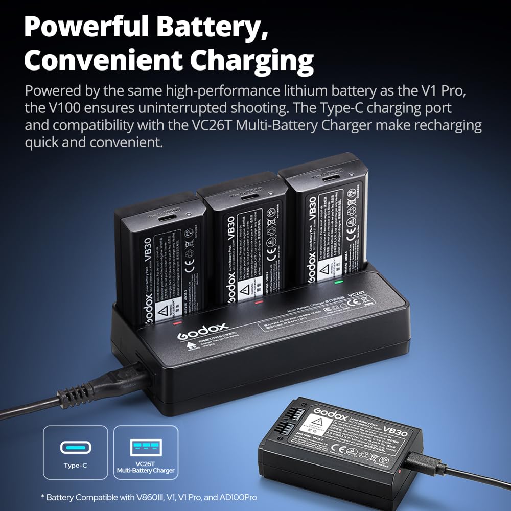 Godox V100N 100Ws Round Head Camera Flash Speedlite with External 400 Recycle LED Modeling TTL Touchscreen for Nikon V100-N Flash, 2.4G Wireless,