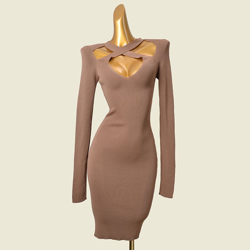 

Hot Export Wrapped Skirt Spring Cool Feeling Long Sleeves Silm Slim Looking Fashion Cross Hollow Sexy Knitting Dress Khakis L
