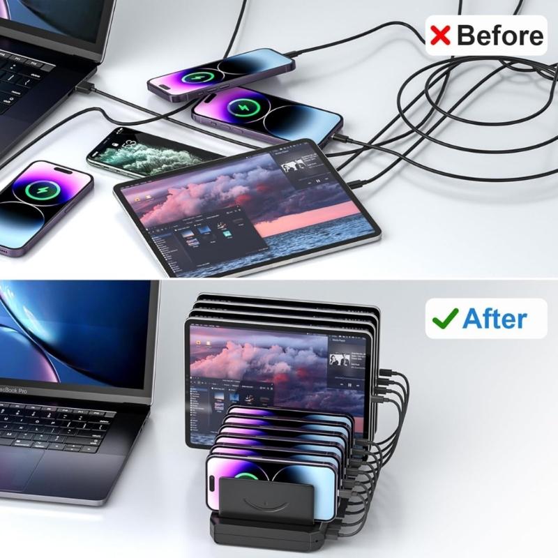Intelligent European Plug Desktop Chargers with 10 Ports 5 USB 5 Type C ABS Material for Organized Multi Device Charging