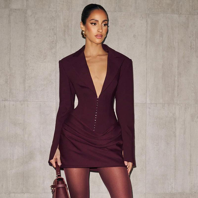 

European and American women s clothing autumn and winter new solid color slim-fitting deep V-neck waist and thin temperament suit dress S бордовый
