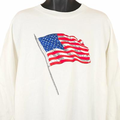 Vintage American Flag Sweatshirt Mens Size 2XL White 90s Patriotic Made In USA