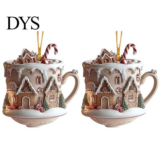 Lightweight Key Chain Accessories 2Pcs Fairy Tale Coffee Cup Snow House Christmas Ornaments, Double-sided Acrylic Gingerbread Tree Decor Hanging