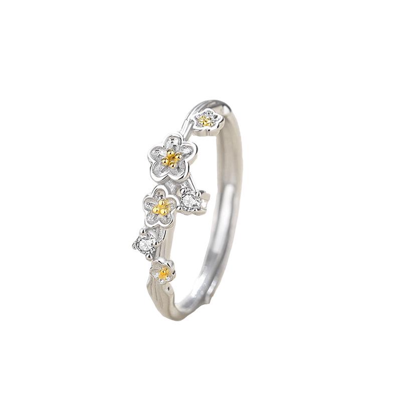 Tichia Forest Style 999 Silver Flower & Armor Couple Rings Adjustable Opening
