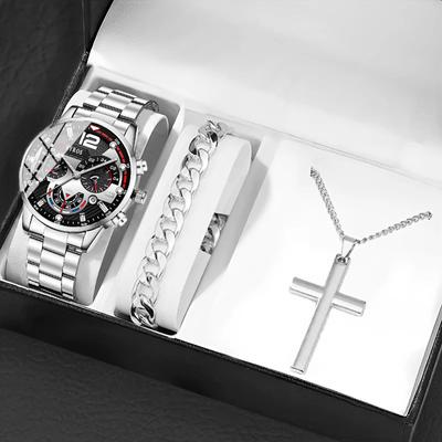 3-teiliges Set: 1 Herren-Quarzarmbanduhr, 1 Armband und 1 Halskette, ideale Wahl als Geschenk für Männer.