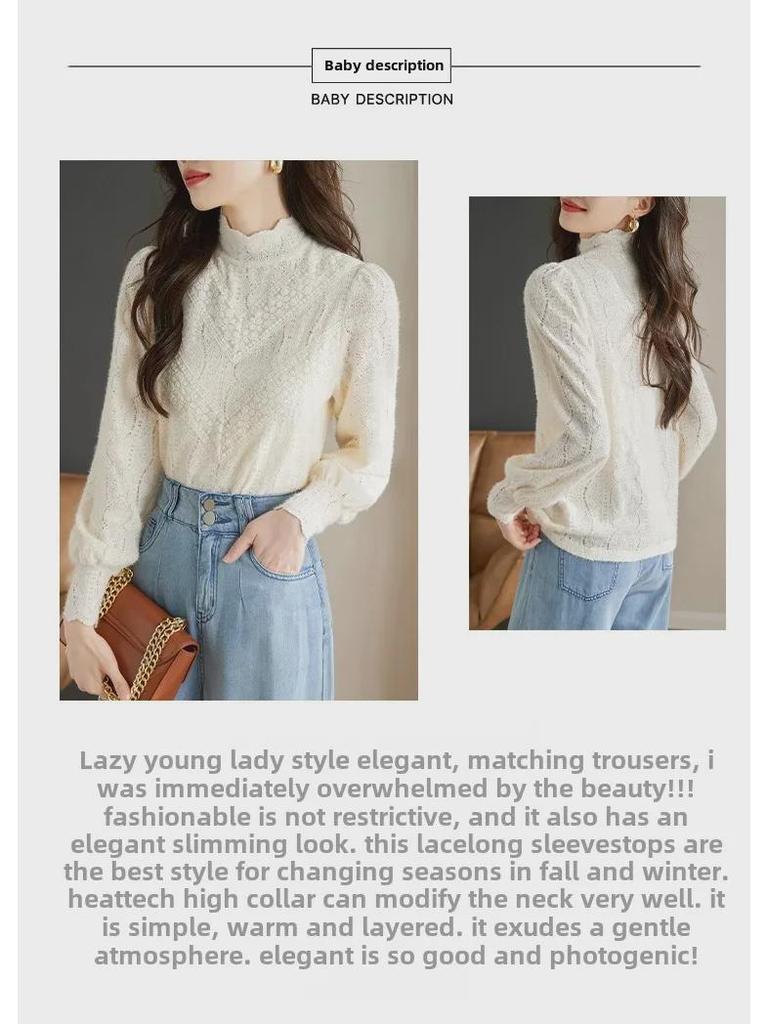 Women's Half-High Collar Lace Top with Velvet Lining for Autumn/Winter 2024 - Stylish and Beautiful