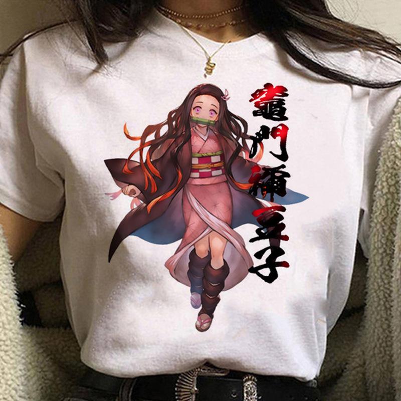 Kawaii Casual Anime Demon Slayer Kimetsu No Yaiba Graphics Female T-Shirt Summer Loose Blouse White Tees O-Neck Women Goth Tops