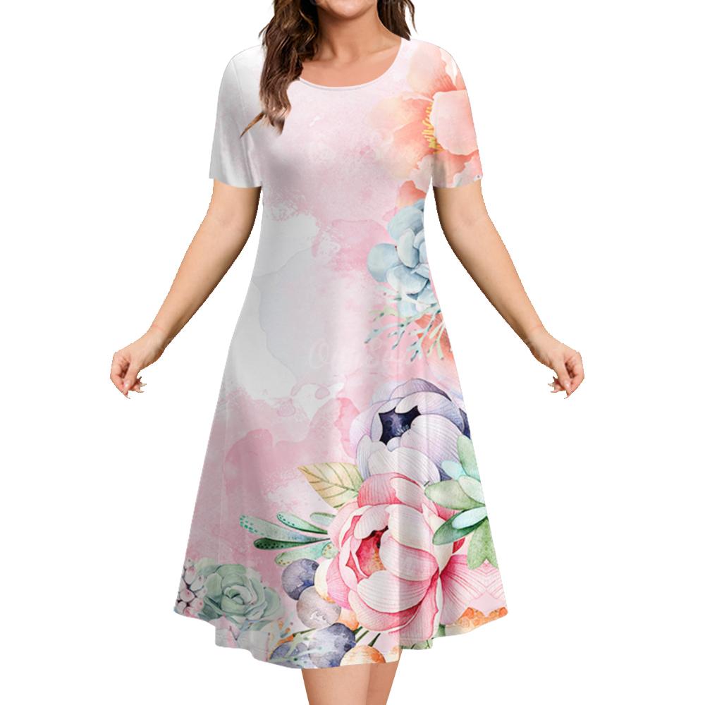 Women's Dresses 2025 Summer  Flower Elements  Dresses Elegant Casual Loose fashion Short Sleeve Dresses