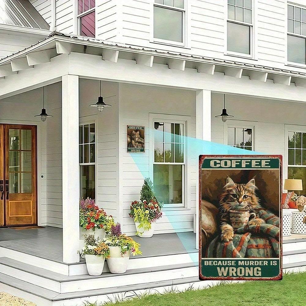 Funny Coffee Cat Metal Sign, Vintage 8x12 Inch Iron Plaque, Because Murder Is Wrong Wall Art, No Wiring Needed