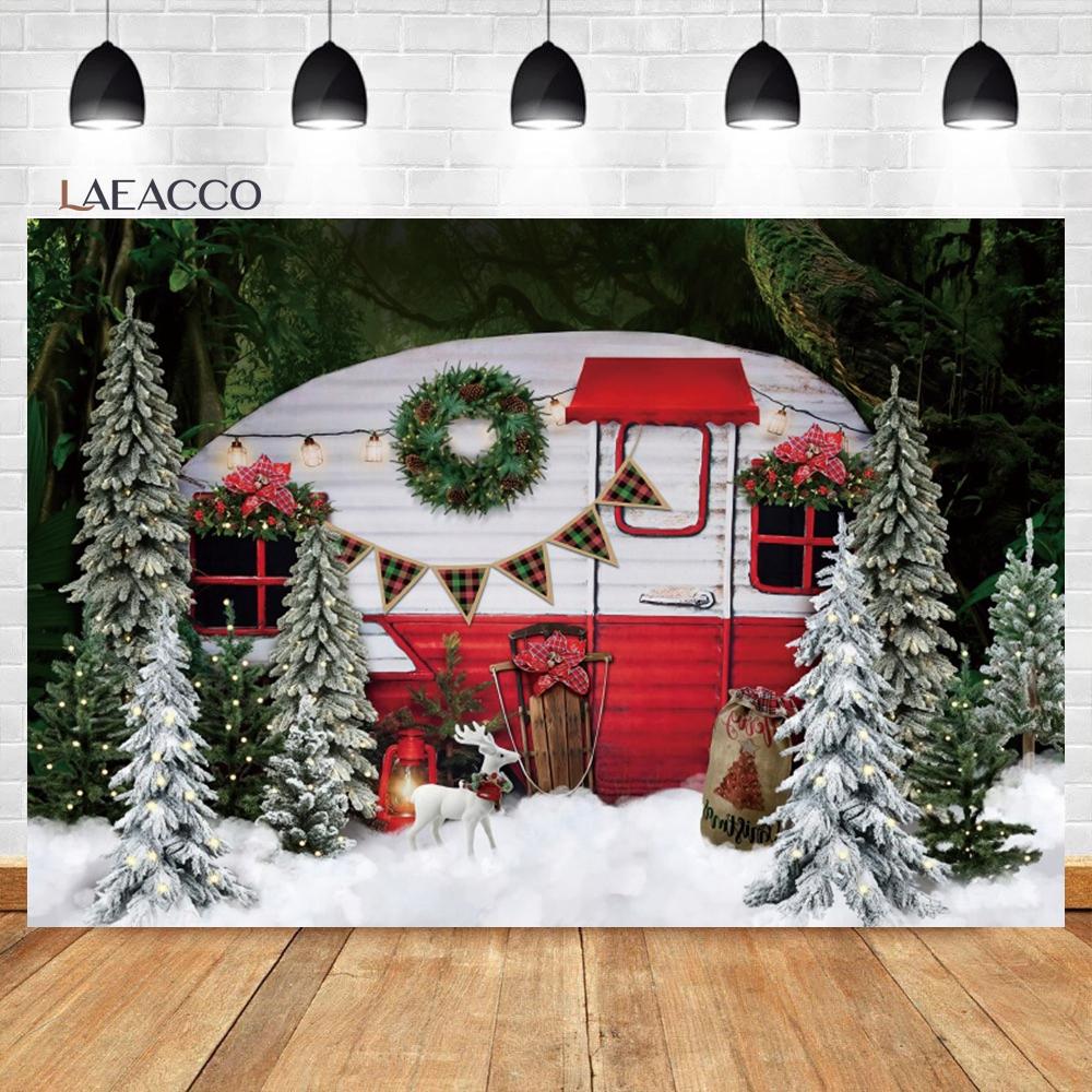 Laeacco Christmas Camper Pography Backdrop Winter Snowy Pine Trees Mini Bus Baby Birthday Family Holiday Portrait Background