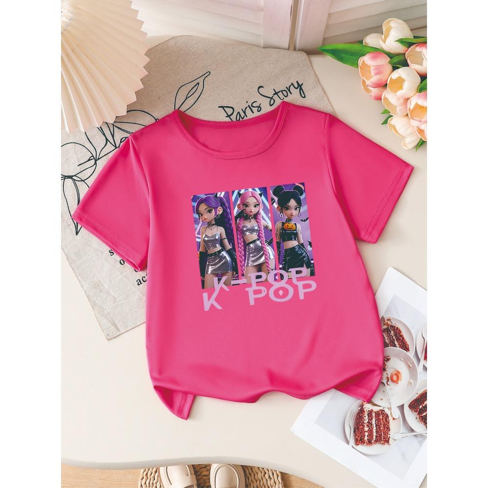 Girls K-POP Halloween Demon Idol Print Short Sleeve T-Shirt Cute Cartoon Graphic Tee Kids Summer Casual Top