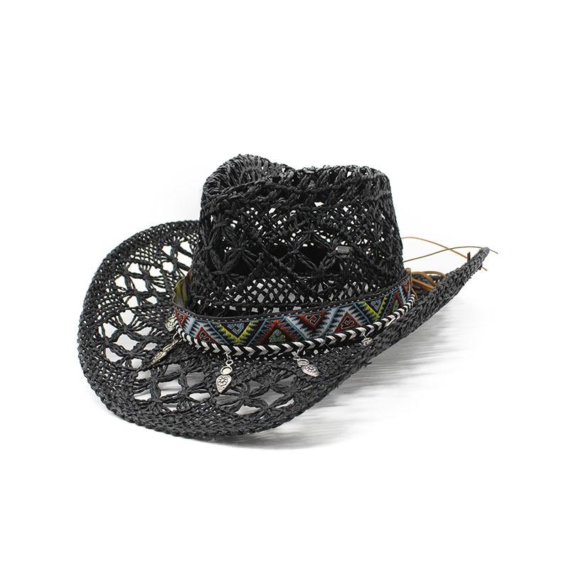 

Ретро этнический стиль западный ковбой соломенная шляпа женская пляжная шляпа от солнца для отдыха на природе повседневная универсальная полая соломенная шляпа M（56-58cm） чёрный
