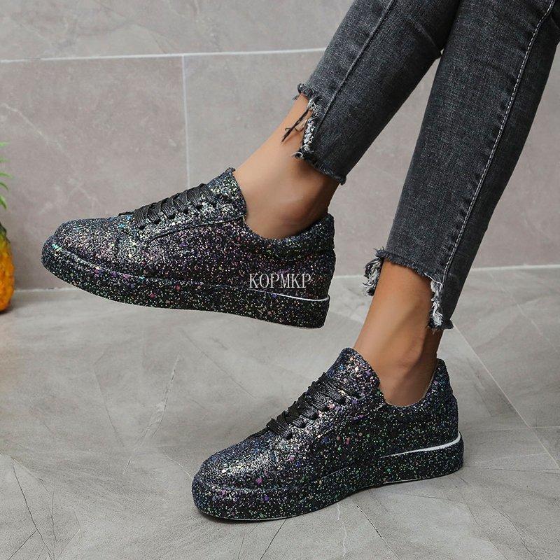 Women Vulcanize Shoes Sneakers Sliver Bling Shoes Girl Flat Glitter Sneakers Casual Female Breathable Lace Up Sport Shoes