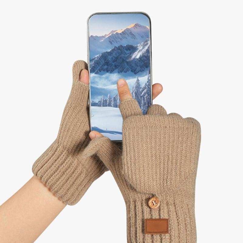 Women Half Finger Winter Gloves Thickened  Insulated Windproof Knit Design With Double Fleece Lining For Cold Weather