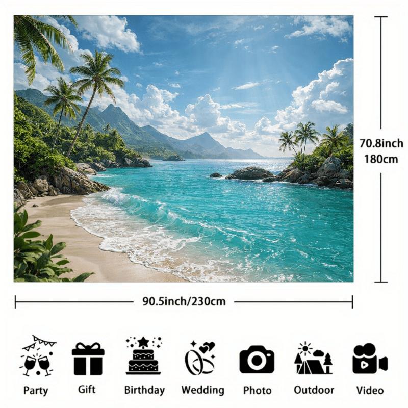 2D Flat Tropical Beach Landscape Banner Background. Coastal Beach Theme. Made of Polyester Material. Wall Decoration.