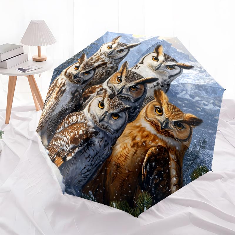 Motivo Gufo e Neve, ombrello pieghevole automatico, design portatile e pieghevole, 8 stecche, un regalo di Natale o di compleanno.