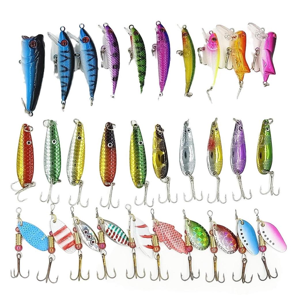 30-Piece Plastic Fish Spinner Lure Set: Mixed Lures with Minnow, Popper, Pencil, Insect Imitations