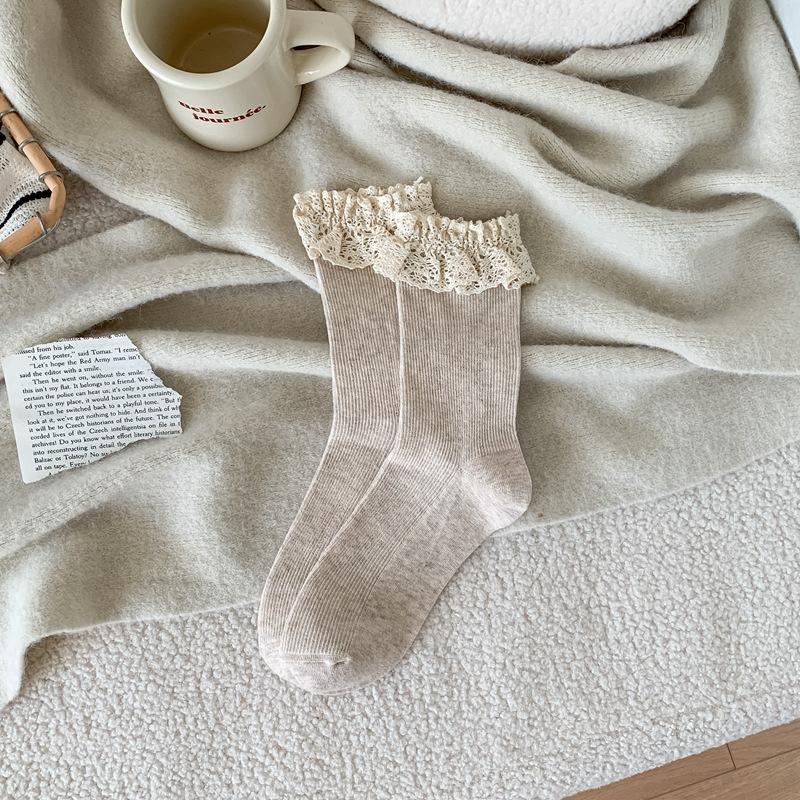 Autumn Socks Japanese Students Lace Double Needle Tube Socks Female Sweet Lolita Jk Wind Pile Socks