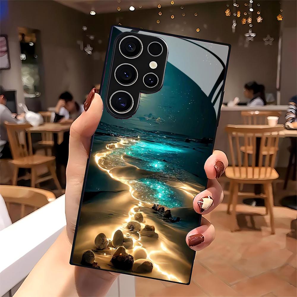 Pakrantės vaizdas stiklinis telefono dėklas, skirtas Samsung Galaxy S26 S25 S24 S22 S23 Ultra S21 S20 Plus 5G, neslystantis, pilnas dangtelis