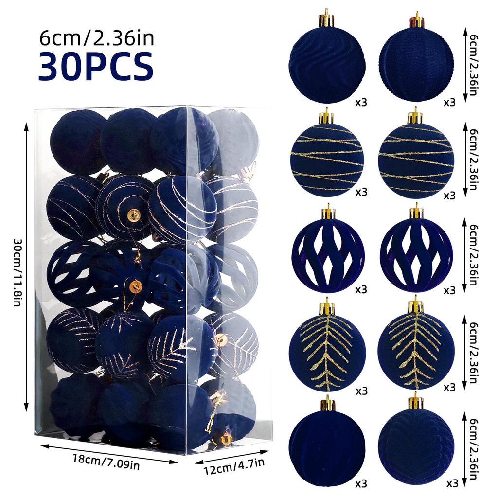 Velvet Flocked 6cm Plush Fabric Christmas Tree Ornaments, Set of 30 Pendants