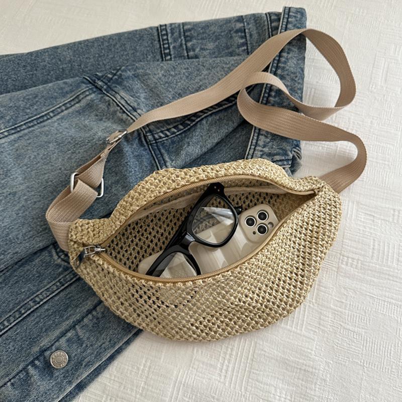 Women's Stylish Hollow Out Woven Chest Bag Breathable Crossbody Sling Phone Versatile Waist Pack for Beach, Sports & Casual Outings CLE