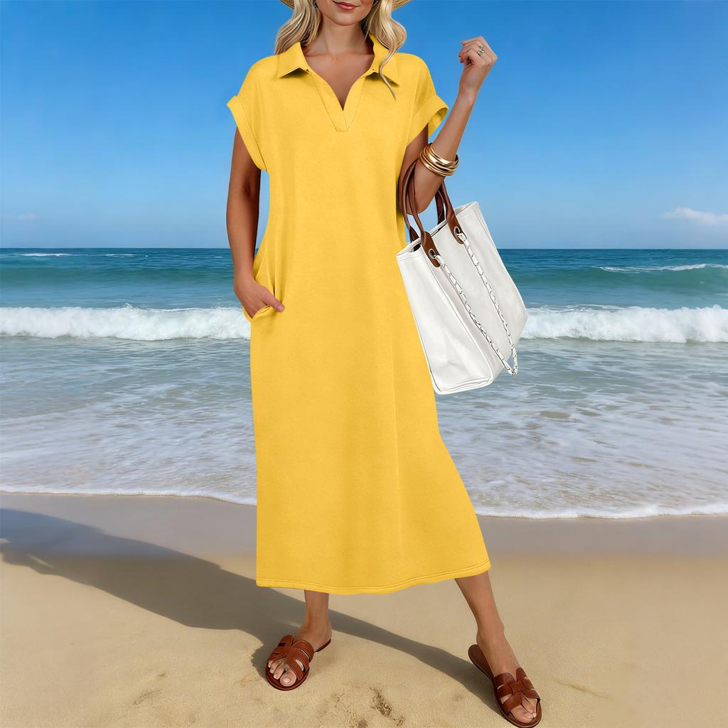 Letnia Casualowa Sukienka Midi Damska z Krótkim Rękawem i Dekoltem V, Luźny Krój, Rozcięcie na Dole, Sukienka T-Shirtowa Maxi na Plażę i do Kurortu