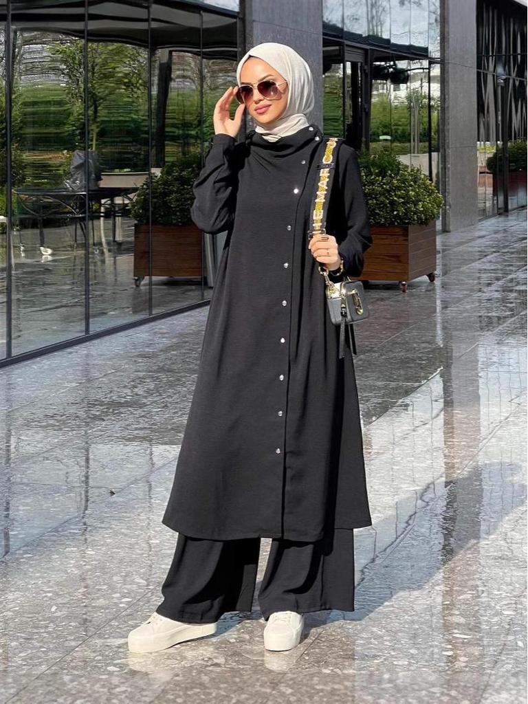 Women's Muslim Fashion 2024 Arabic Two-Piece Set: Long-Sleeve Shirt & Pants for Spring/Autumn