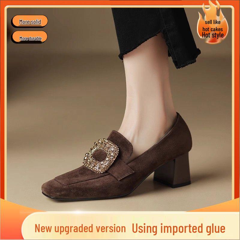 

Женские лоферы на среднем каблуке с флисовой подкладкой – Зимний британский стиль, квадратная пряжка, кожа, глубокий вырез, черно-коричневые. 40