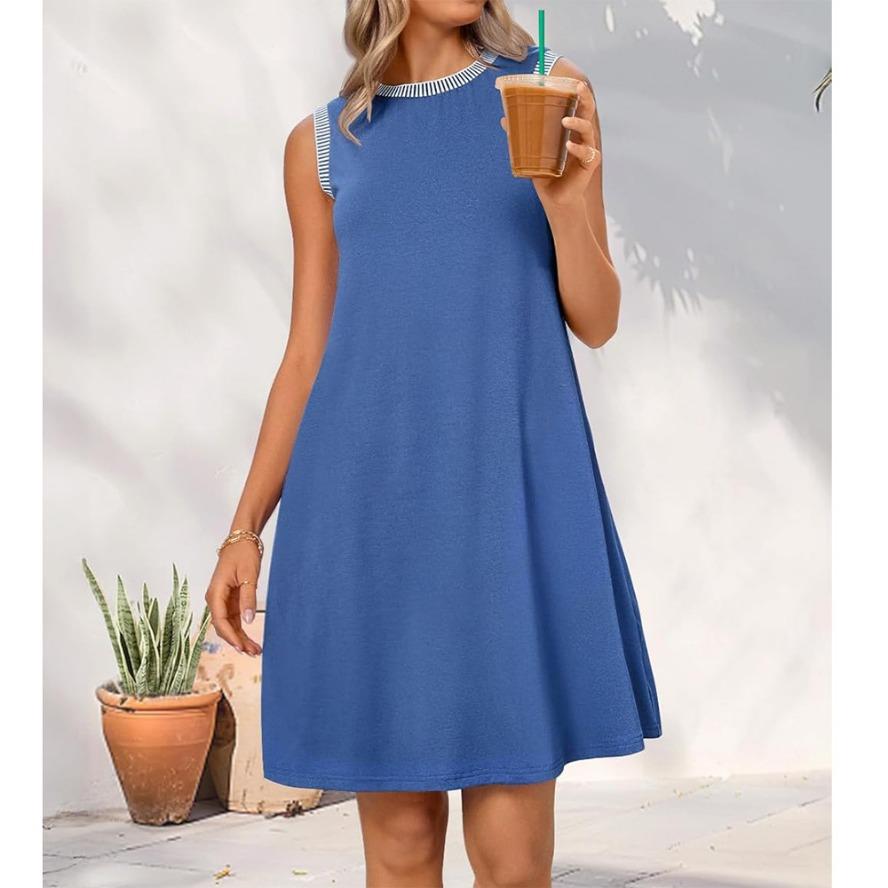 YYFS Women's Fashion Summer Spring Solid Color Print Sleeveless O-Neck Loose Waistline Casual Dresses