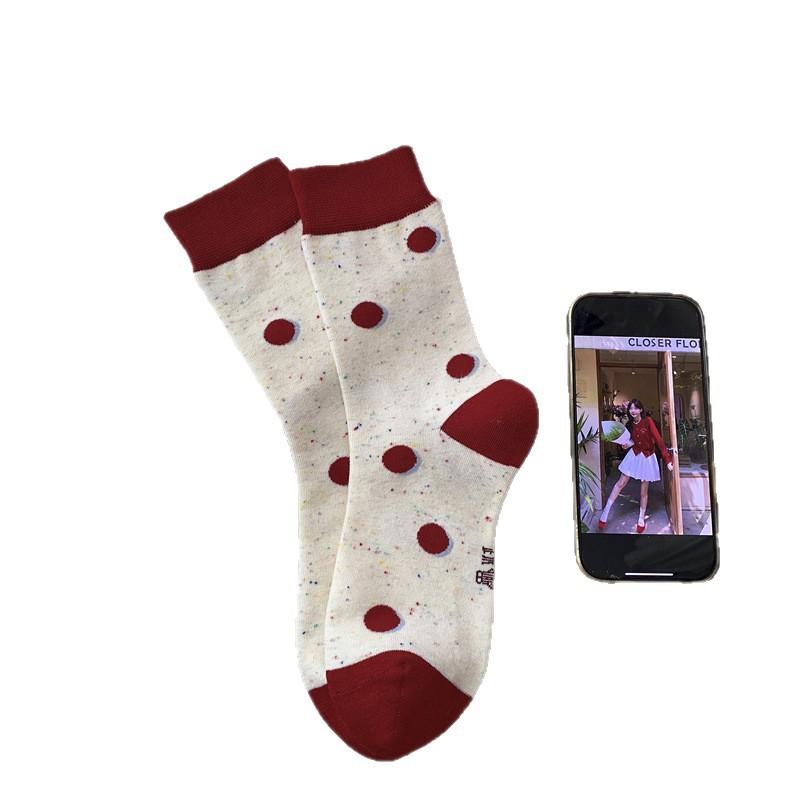 Super Cute Red Socks for Women In Autumn and Winter, Pure Cotton Mid-calf Socks, Cartoon Polka Dot Puppy Dui Dui Socks