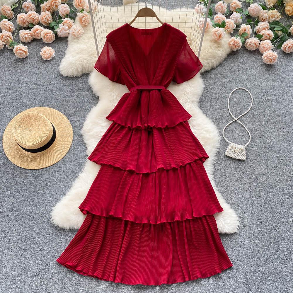 Sommer Kvinner Feriebelte Løs Lang Kjole Elegant Kortermet Ruffles Strand Maxi Kjoler