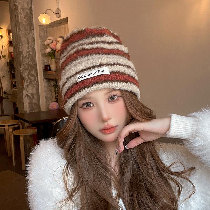 

New Autumn and Winter Color Blocking Striped Hat for Women Korean Warm Keeping Pile Hat Outdoor Riding Cold Proof Knitted Cover Cold Head Hat M（56-58cm）