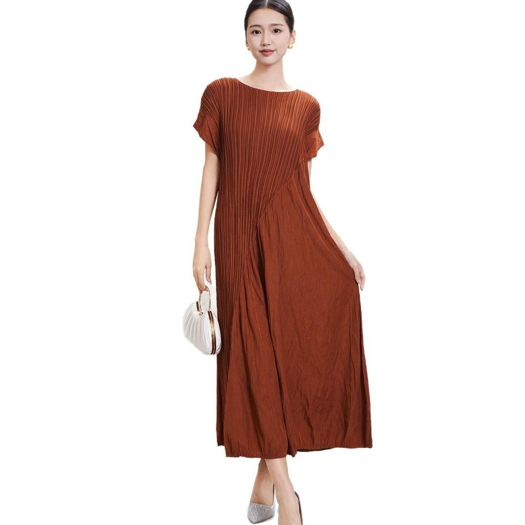 Miyake Summer Sleeveless Pleated A-Line Dress with a Waist-Cinching Round Neck Design