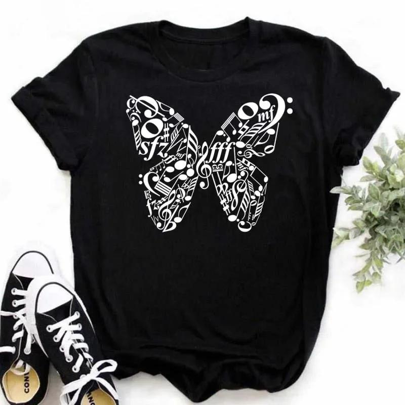Damen T-Shirt Musik Oberteile Kurzarm Schwarz T-Shirt Damen Lässig Neu Harajuku Lustig Musiknote Kunst T-Shirt Mode