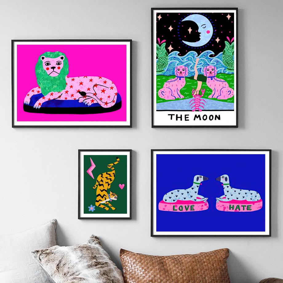 Leaping Tiger Starry Lion Love Hate Dogs Lovers Tarot Wall Art Canvas Painting Posters And Prints Pictures For Living Room Decor No Frame